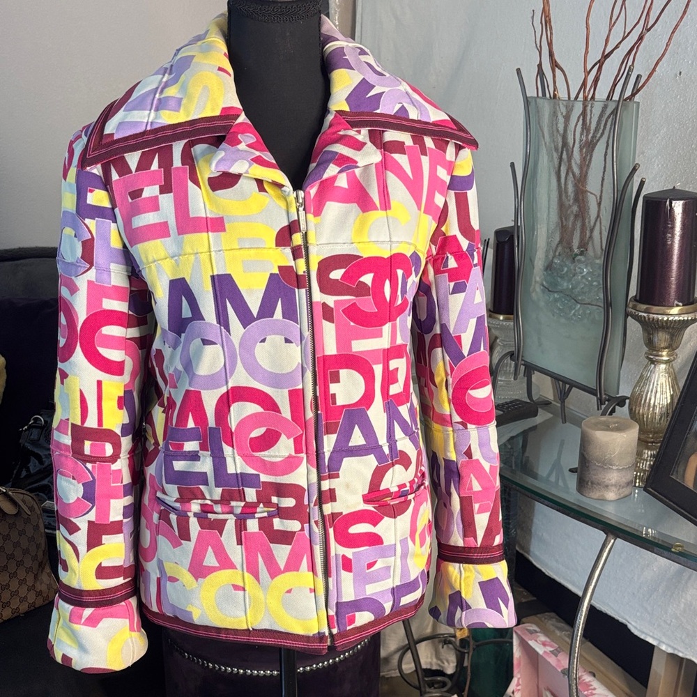 Colorful Women's Chanel Jacket with Bold Lettering